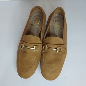 BRUNO MAGLI Women's Tan Suede Loafers with Gold Hardware ITALY